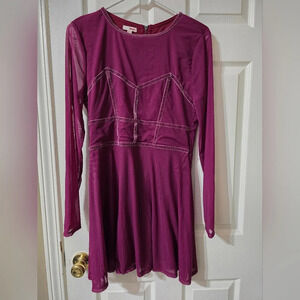 Y2K Bongo Micro Mesh Mini Dress, Crushed Velvet Trim, Long Sheer Sleeves, EUC!